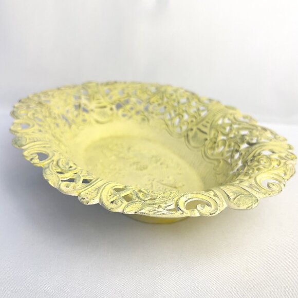 Italian Ornate Vintage Metal Dish Lemon Yellow Marked Italy C.T. 7  Floral Scrol - Picture 4 of 10